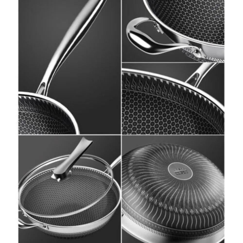 Bymaocar 34cm Cooking Wok Stainless Steel Kitchen Frying Pan with Non-stick Coated & Glass  Lid for Gas Stove & Induction Cooker