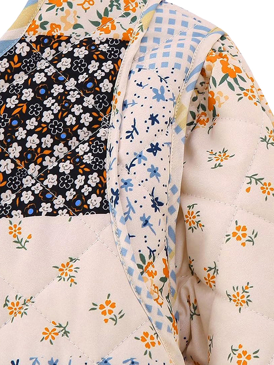 Fall Winter Women's Quilted Coats Jacket Lightweight Fashion Floral Print Casual Long Sleeve Button Cardigan Outwear Streetwear