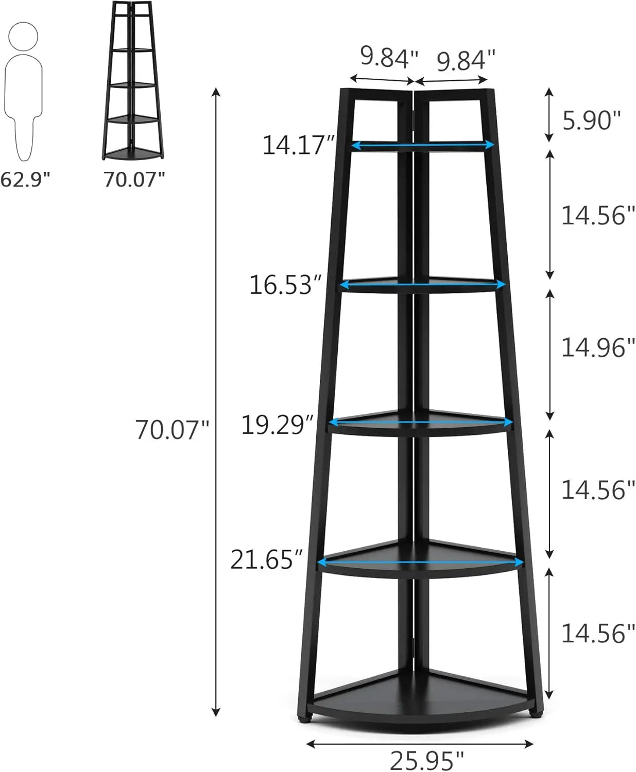 5 Tier Industrial Corner Bookshelf Bookcase Industrial Corner Ladder Shelf Plant Stand for Living Room, Kitchen, Home Office