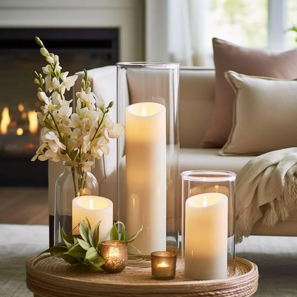 White Pillar Candles with Glass Cylinder Vases Clear Hurricane Glass Candle Holders for Centerpieces for Weddings Parties Decor