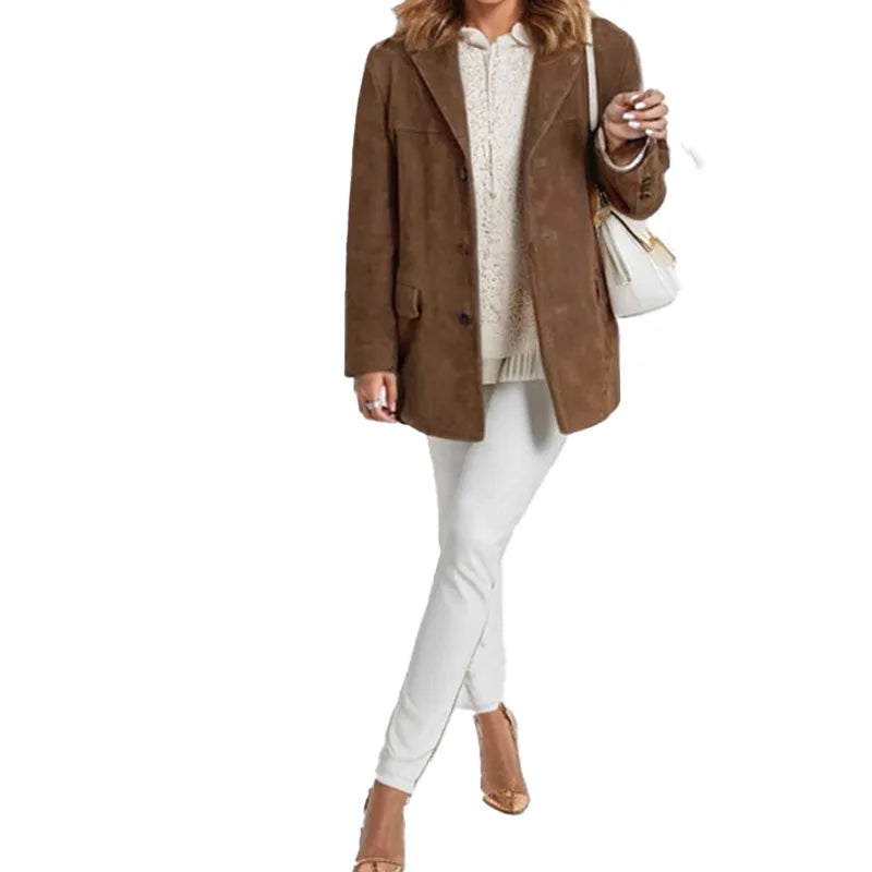 2025 Casual Brown Lapel Pocket Suede Leather Jacket Fashion Woman Single Button Long Sleeve Crop Coat Lady Autumn Street Outwear