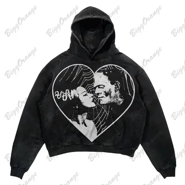 Harajuku Hand touch printing Hoodie Oversized Streetwear Tops Sweatshirt Y2k Clothes Gothic Grunge Hoodies  Men Clothing