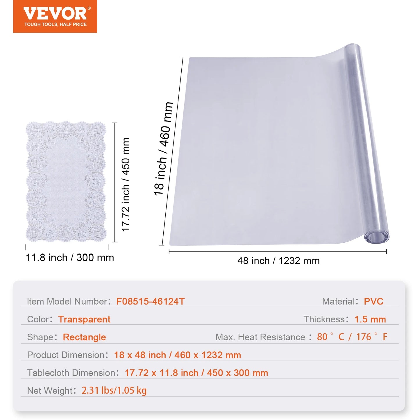 VEVOR PVC Tablecloth Transparent Table Cloth 1.5mm Waterproof Kitchen Oil-Proof Table Mat Plastic Soft Glass Protector Cover