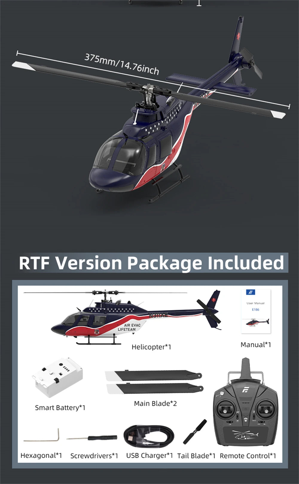Eachine E186 Bell-206 2.4G 6CH 1/27 Scale Dual Brushless Motor Altitude Hold Optical Flow Positioning intelligent RC Helicopter