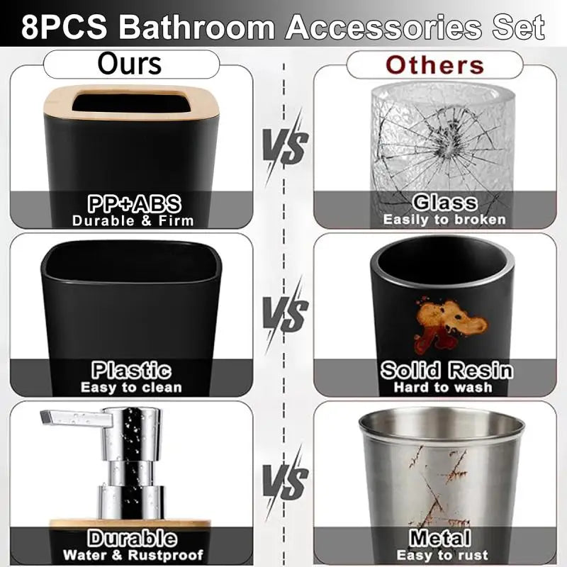 Black/white bathroom accessories set, 8-piece bathroom set