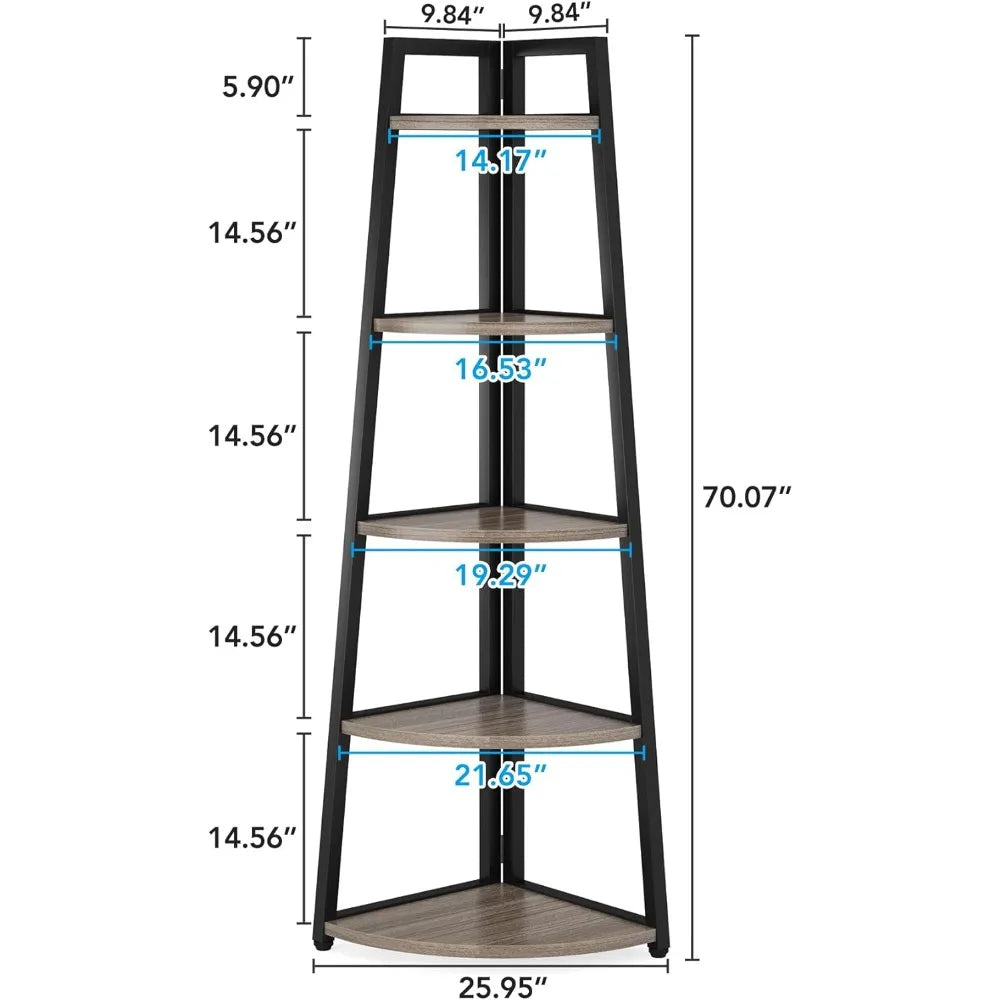 5 Tier Industrial Corner Bookshelf Bookcase Industrial Corner Ladder Shelf Plant Stand for Living Room, Kitchen, Home Office