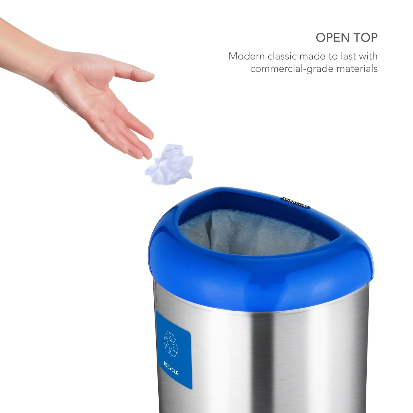 13.2 Gal / 50L Blue Trash Can, Open Top, Fingerprint-Resistant Stainless Steel With Recycle Magnet
