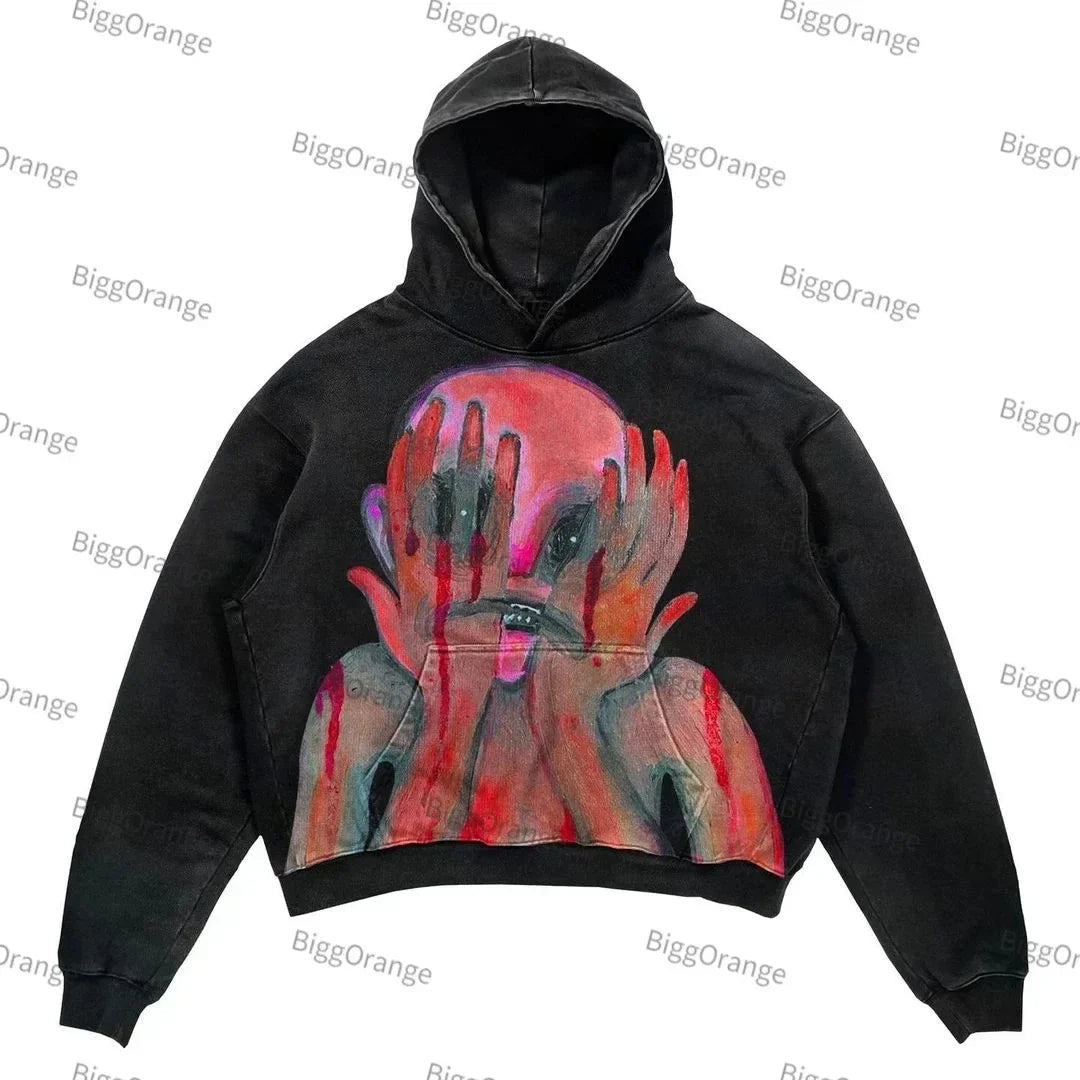 Harajuku Hand touch printing Hoodie Oversized Streetwear Tops Sweatshirt Y2k Clothes Gothic Grunge Hoodies  Men Clothing