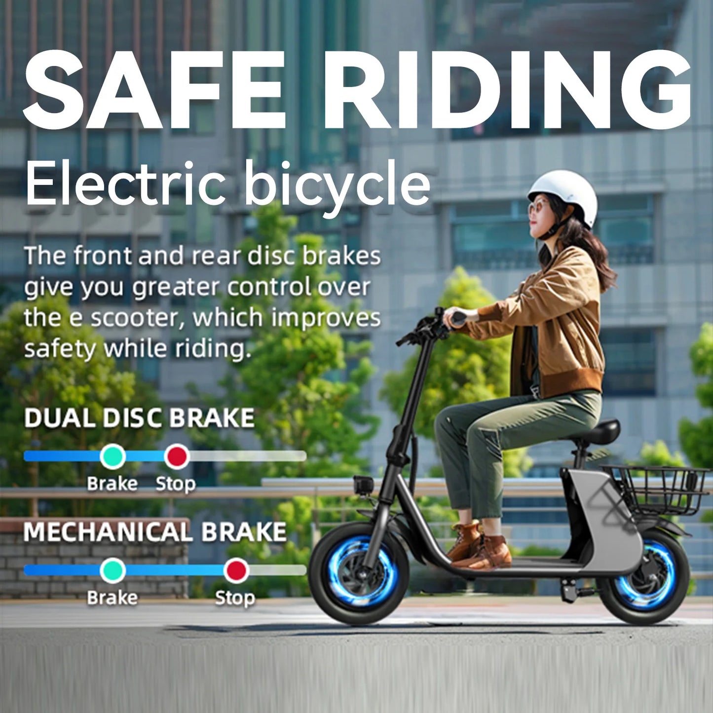 450W adult electric scooter, 18MPH with seat and shopping basket for pets, suitable for women's outdoor riding electric scooter