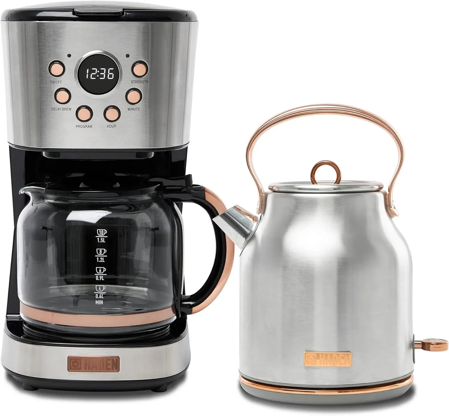 Coffee Machine, 12 Cup Drip Coffee Maker Bundled with Heritage 1.7 Liter Stainless Steel Electric Kettle, Ivory & Copper