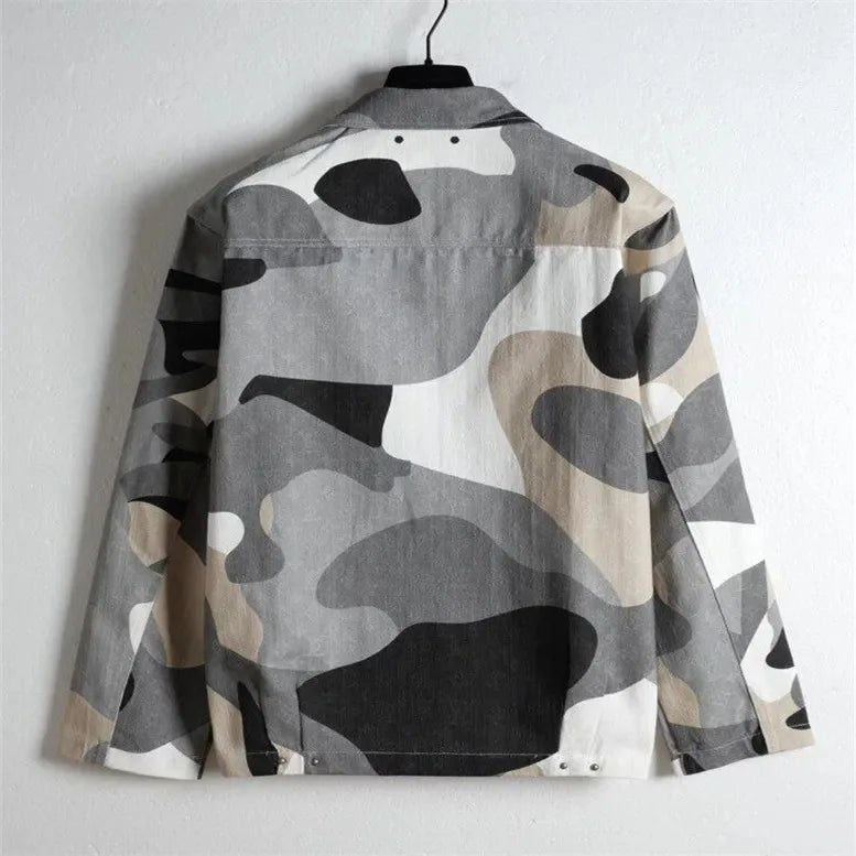 American style new retro printed slim fit long sleeved polo collar zipper cardigan jacket for men