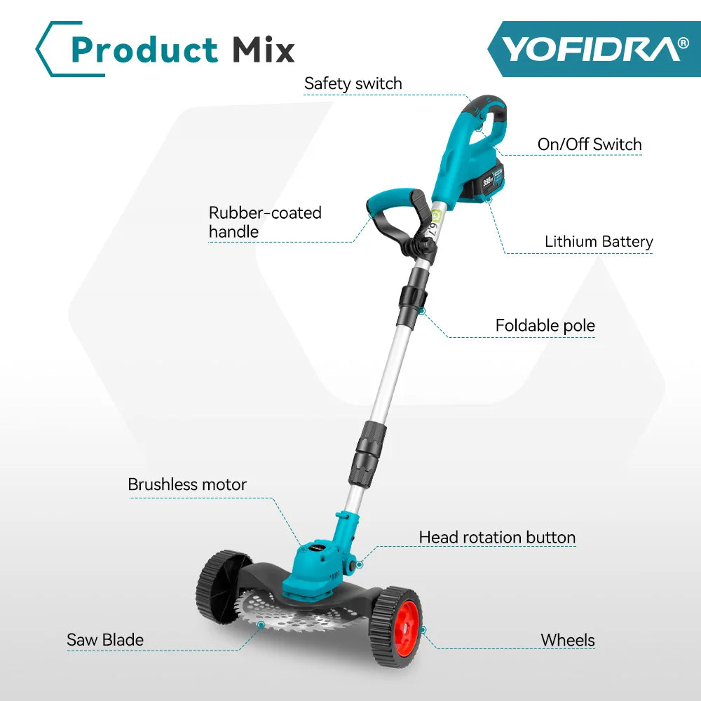 YOFIDRA 9 Inch Brushless Electric Lawn Mower Handheld Cordless Grass Trimmer Length Adjustable Garden Tool For 21V 18V Batter