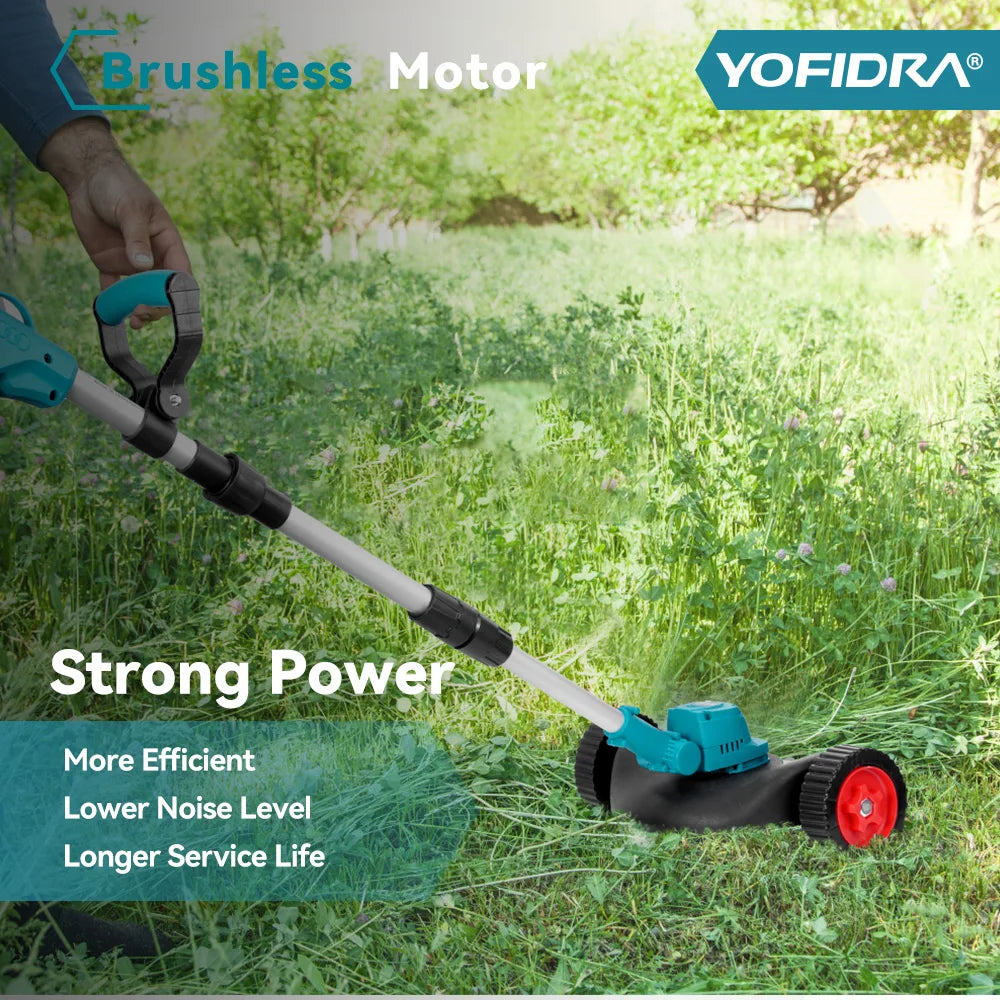 YOFIDRA 9 Inch Brushless Electric Lawn Mower Handheld Cordless Grass Trimmer Length Adjustable Garden Tool For 21V 18V Batter