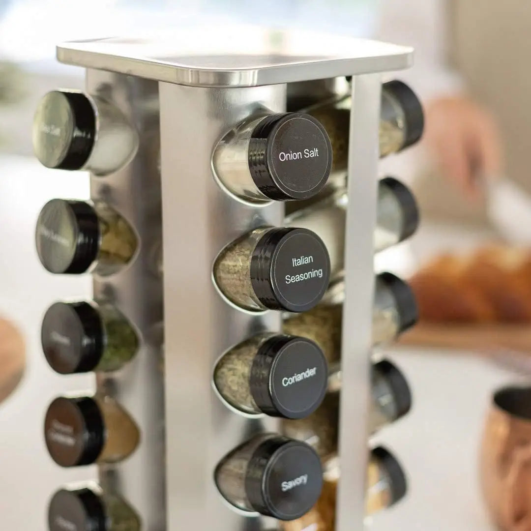Jar Spice Rack with Spices Included - Revolving Tower Organizer for Kitchen Spices and Seasonings, (Stainless Steel)