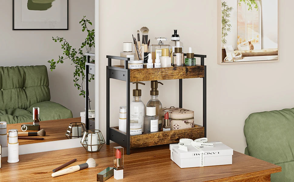 Countertop Coffee Station Organizer, 2 Tier Wooden Shelf for Coffee Bar Accessories, Condiment Storage Caddy for Kitchen