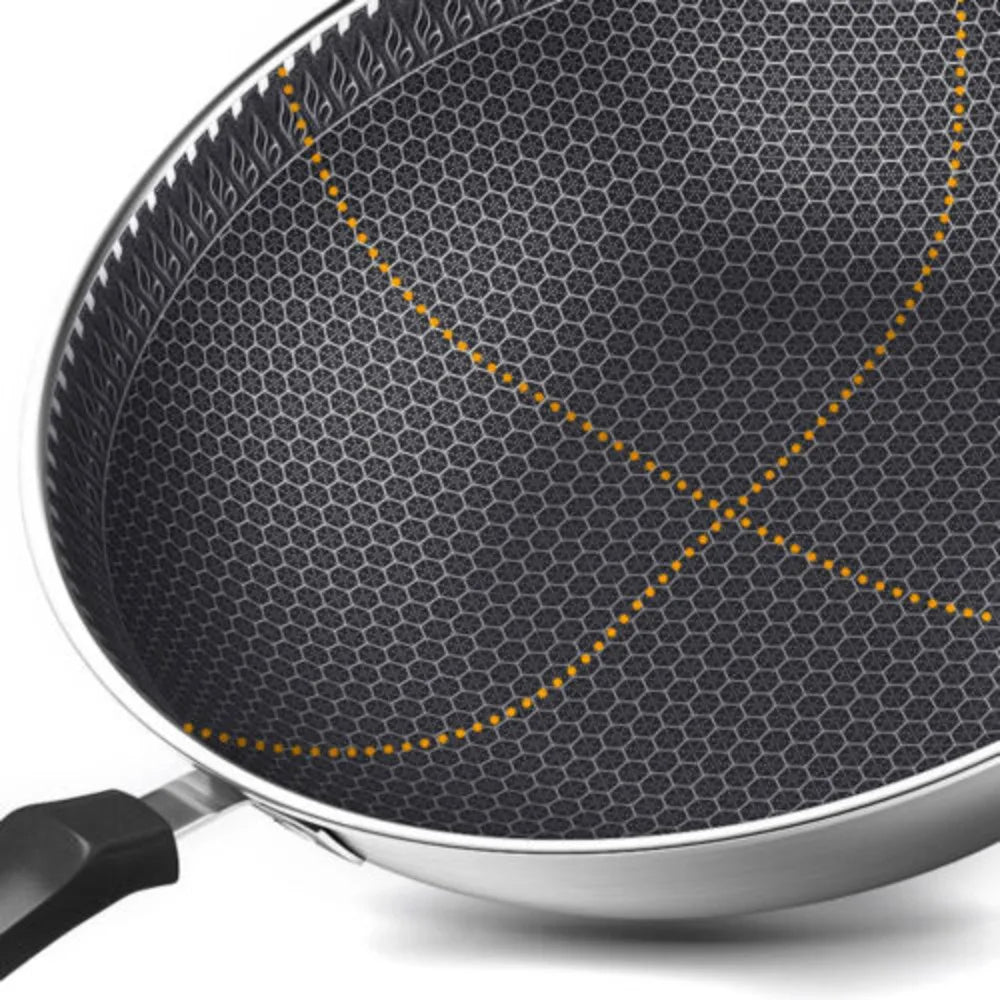 Bymaocar 34cm Cooking Wok Stainless Steel Kitchen Frying Pan with Non-stick Coated & Glass  Lid for Gas Stove & Induction Cooker