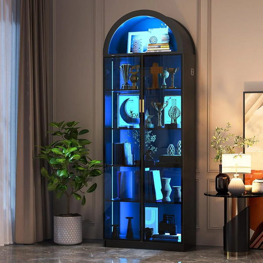 Display Cabinet with Doors and Adjustable Shelves, 76" Tall Display Case with LED Lights/Arch