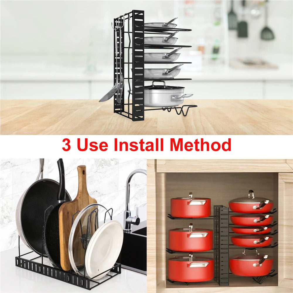8 Tiers Pan Pot Organizer Rack Multi-layer Iron Wire Bilateral Pot Adjustable Cabinet Pots Lids Storage Rack Kitchen Tool