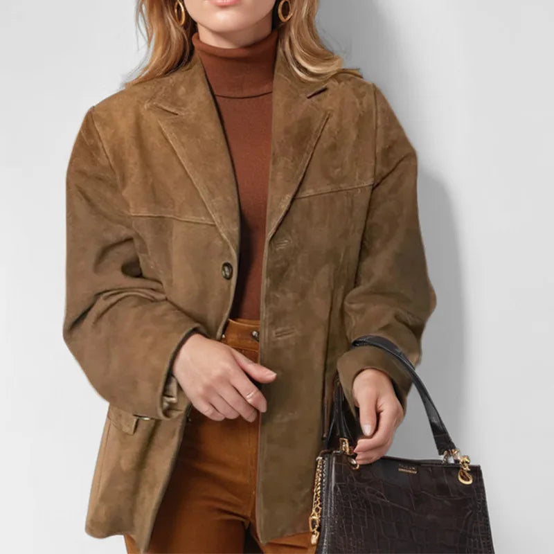 2025 Casual Brown Lapel Pocket Suede Leather Jacket Fashion Woman Single Button Long Sleeve Crop Coat Lady Autumn Street Outwear