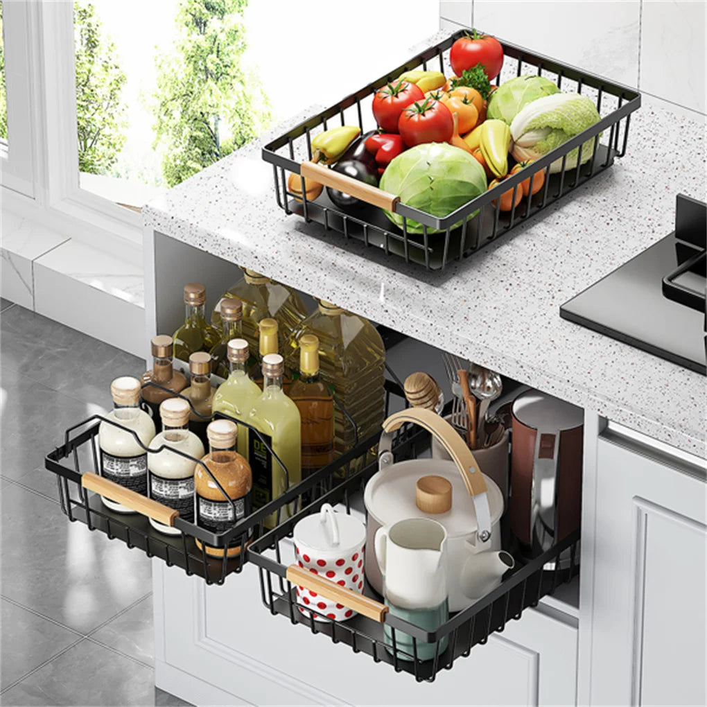 Pull Out Cabinet Organizer, Metal Slide Out Drawers for Cabinets, Sliding Drawers Adhesive Nano Film Roll out Shelf for Kitchen