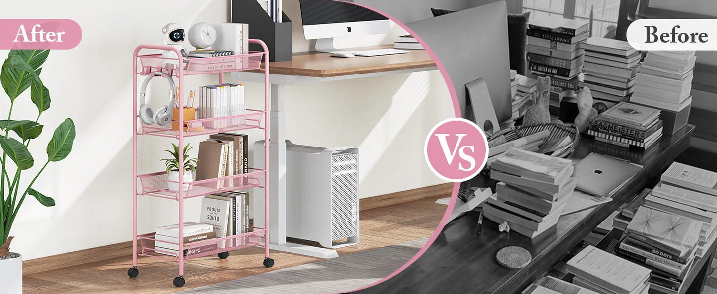 Rolling Cart, Metal Utility Cart with 3 Hooks, Easy Assemble Mobile Storage Trolley On Wheels, Metal Shelving Units Kitchen