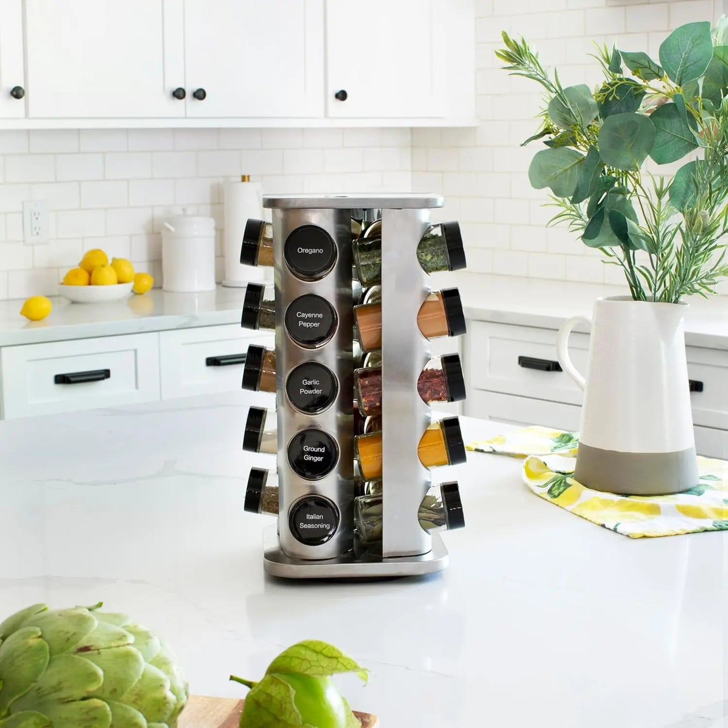 Jar Spice Rack with Spices Included - Revolving Tower Organizer for Kitchen Spices and Seasonings, (Stainless Steel)