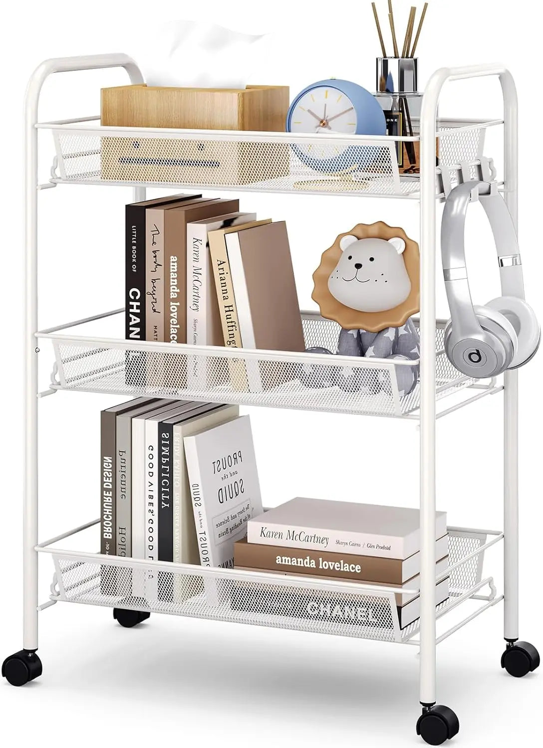 Rolling Cart, Metal Utility Cart with 3 Hooks, Easy Assemble Mobile Storage Trolley On Wheels, Metal Shelving Units Kitchen