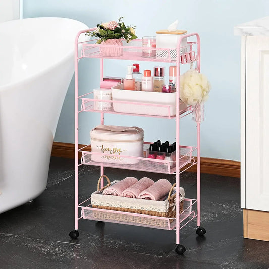 Rolling Cart, Metal Utility Cart with 3 Hooks, Easy Assemble Mobile Storage Trolley On Wheels, Metal Shelving Units Kitchen