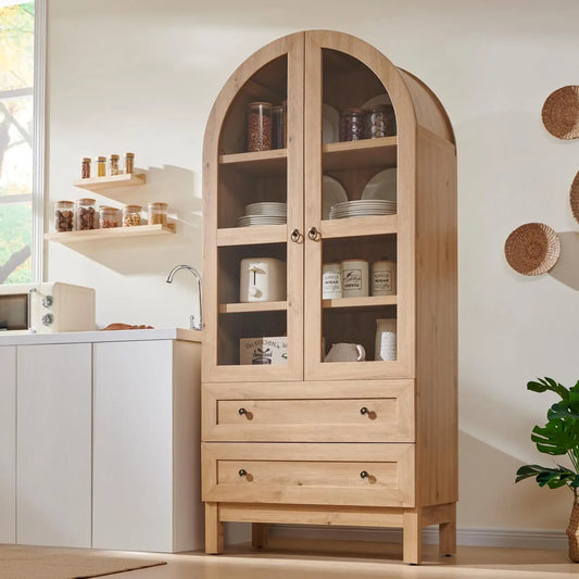 Wood Kitchen Storage Cabinets with 2 Large Drawers and Adjustable Shelves, Modern Farmhouse Versatile Cupboard for Kitchen