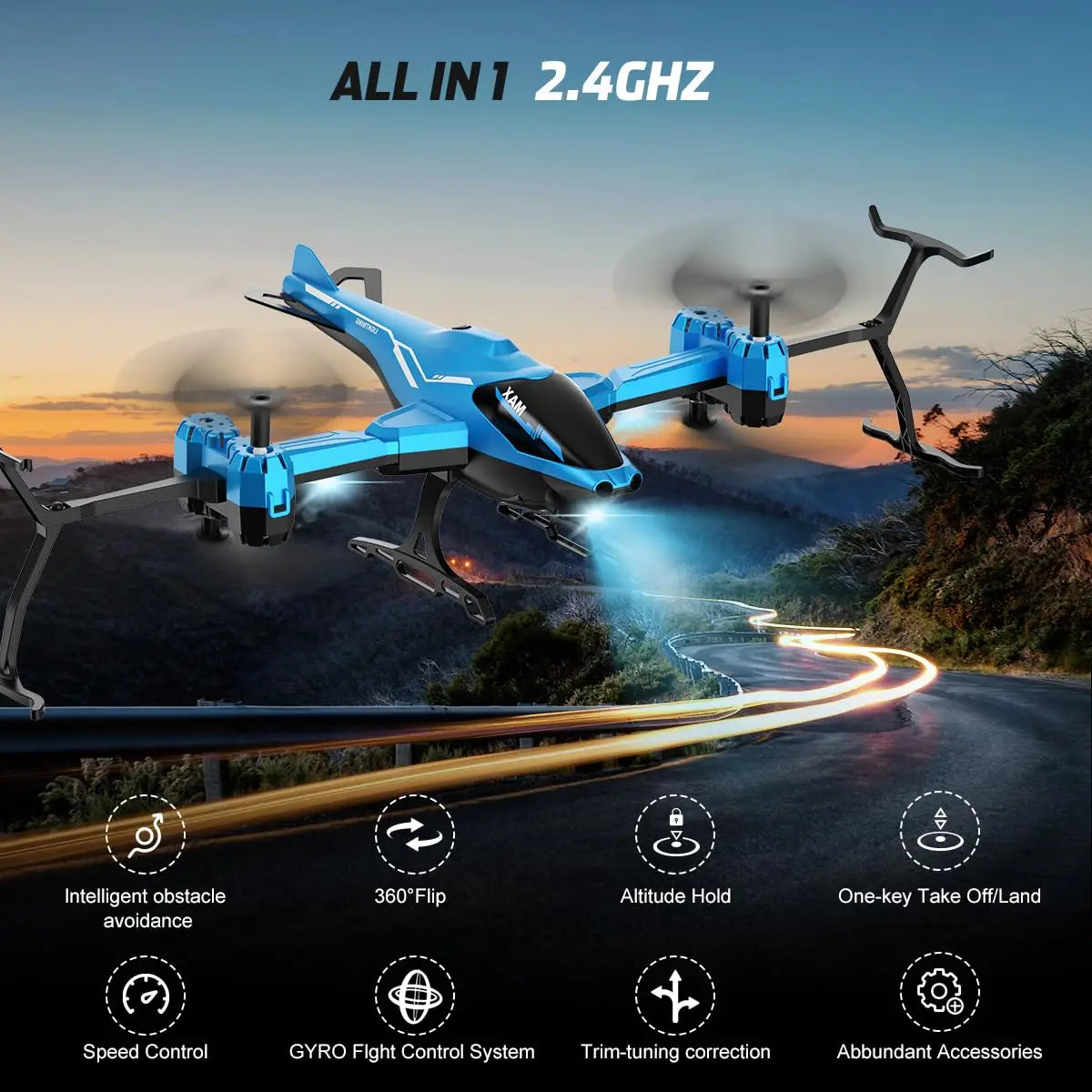 VATOS Super Function All in 1 Remote Control 2.4G RC Helicopter 360° Flip Obstacle Avoidance with LED Light Gift for Kids Adults
