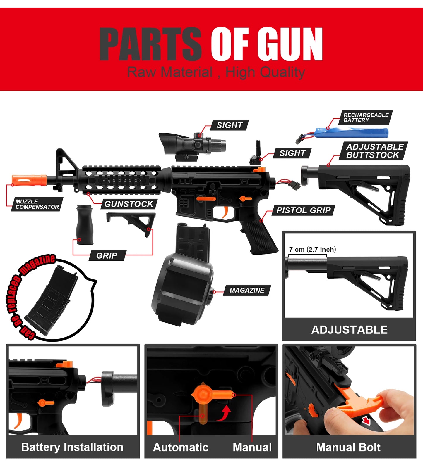 High Speed M4A1 Electric Gel Balls Gun Toys,Automatic&Manual Dual Modes Water Bullets Blaster,Upgraded Water Bead Splatter Toys