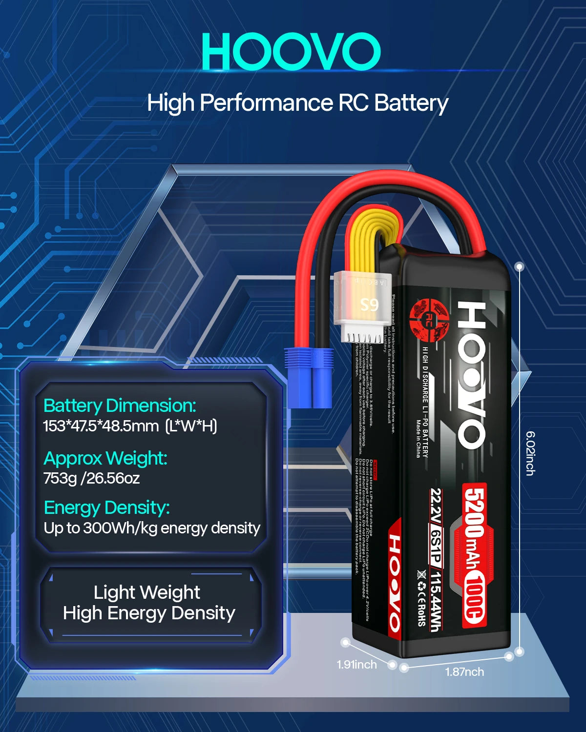HOOVO 2Pcs 6S Lipo Battery 22.2V 100C 5200mAh with EC5 Connector for RC Car Truck Truggy Buggy Tank RC Airplane Helicopter Boat