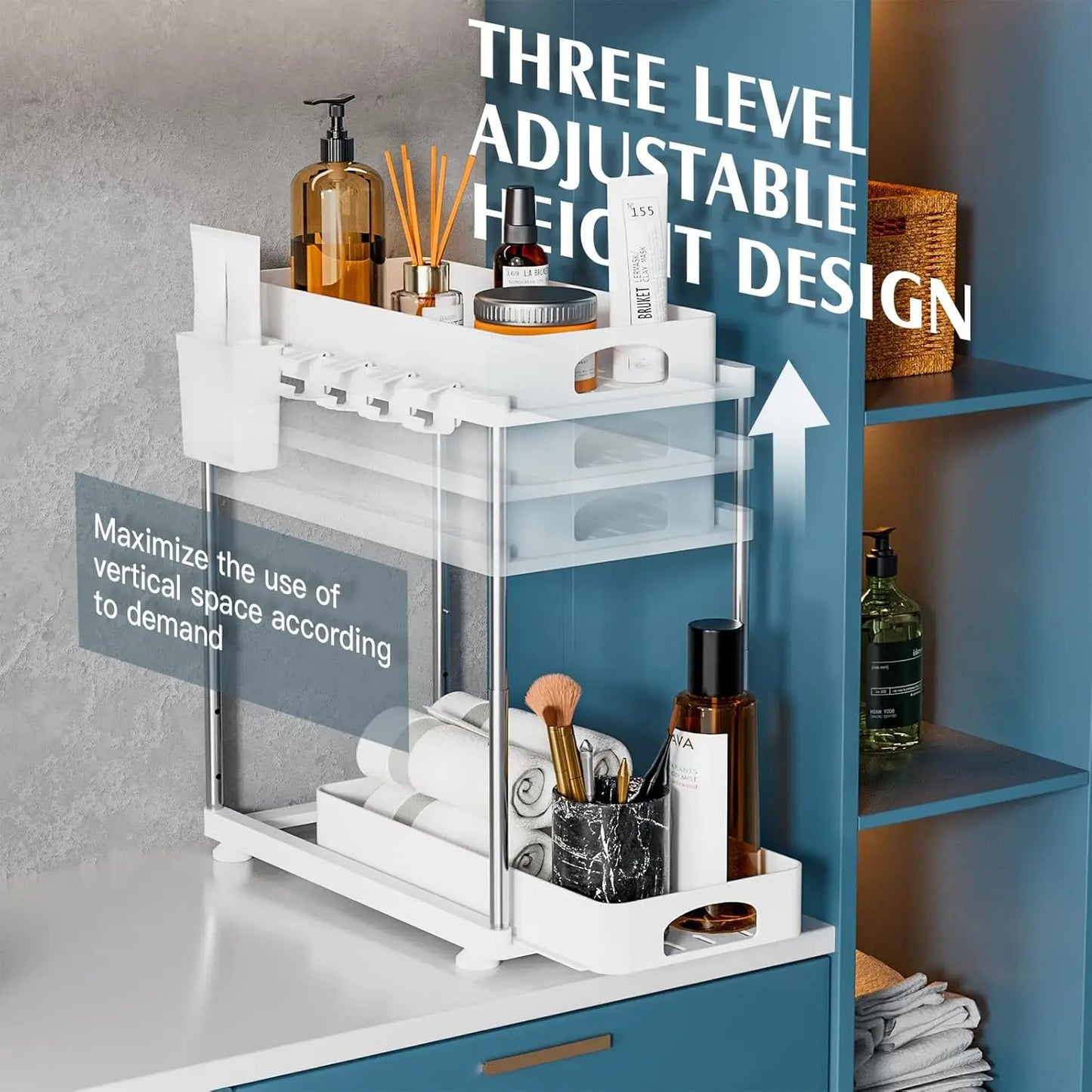 2 Pack Under Sink Organizers and Storage, Double Sliding Kitchen Cabinet Organizer,2 Tier Height Adjustable Countertop Organizer