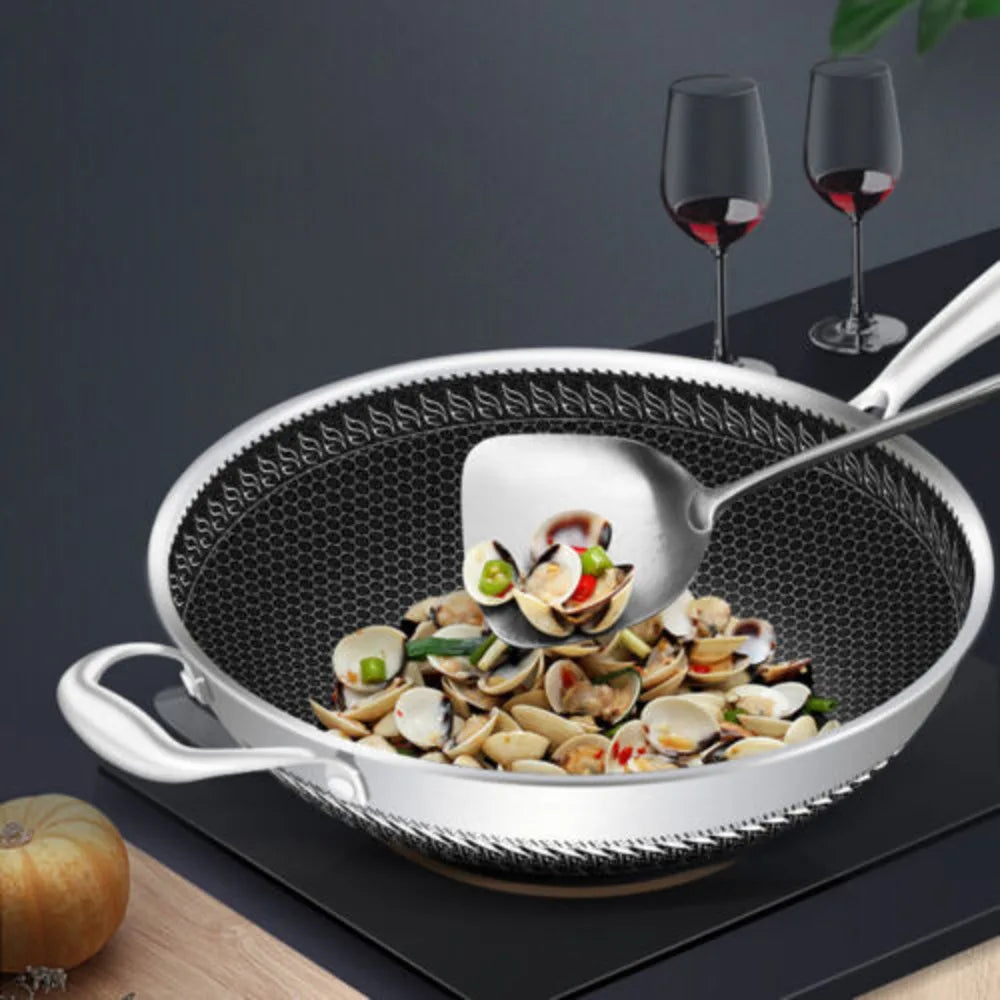 Bymaocar 34cm Cooking Wok Stainless Steel Kitchen Frying Pan with Non-stick Coated & Glass  Lid for Gas Stove & Induction Cooker