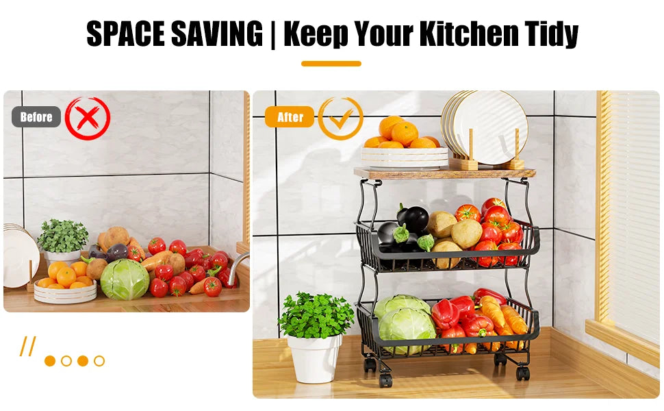 Fruit Vegetable Basket for Kitchen,  Stackable Fruit Vegetable Storage Baskets with Wheels, Metal Wire Storage Basket