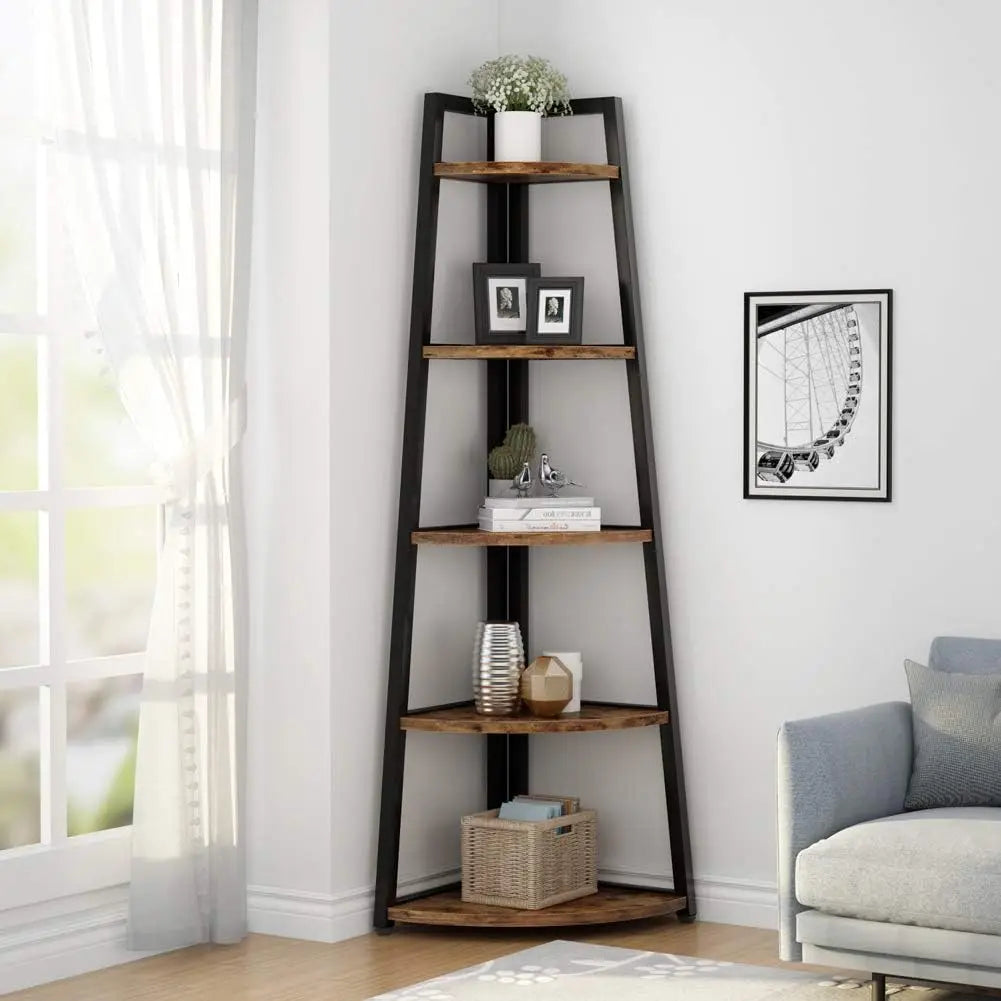 5 Tier Industrial Corner Bookshelf Bookcase Industrial Corner Ladder Shelf Plant Stand for Living Room, Kitchen, Home Office