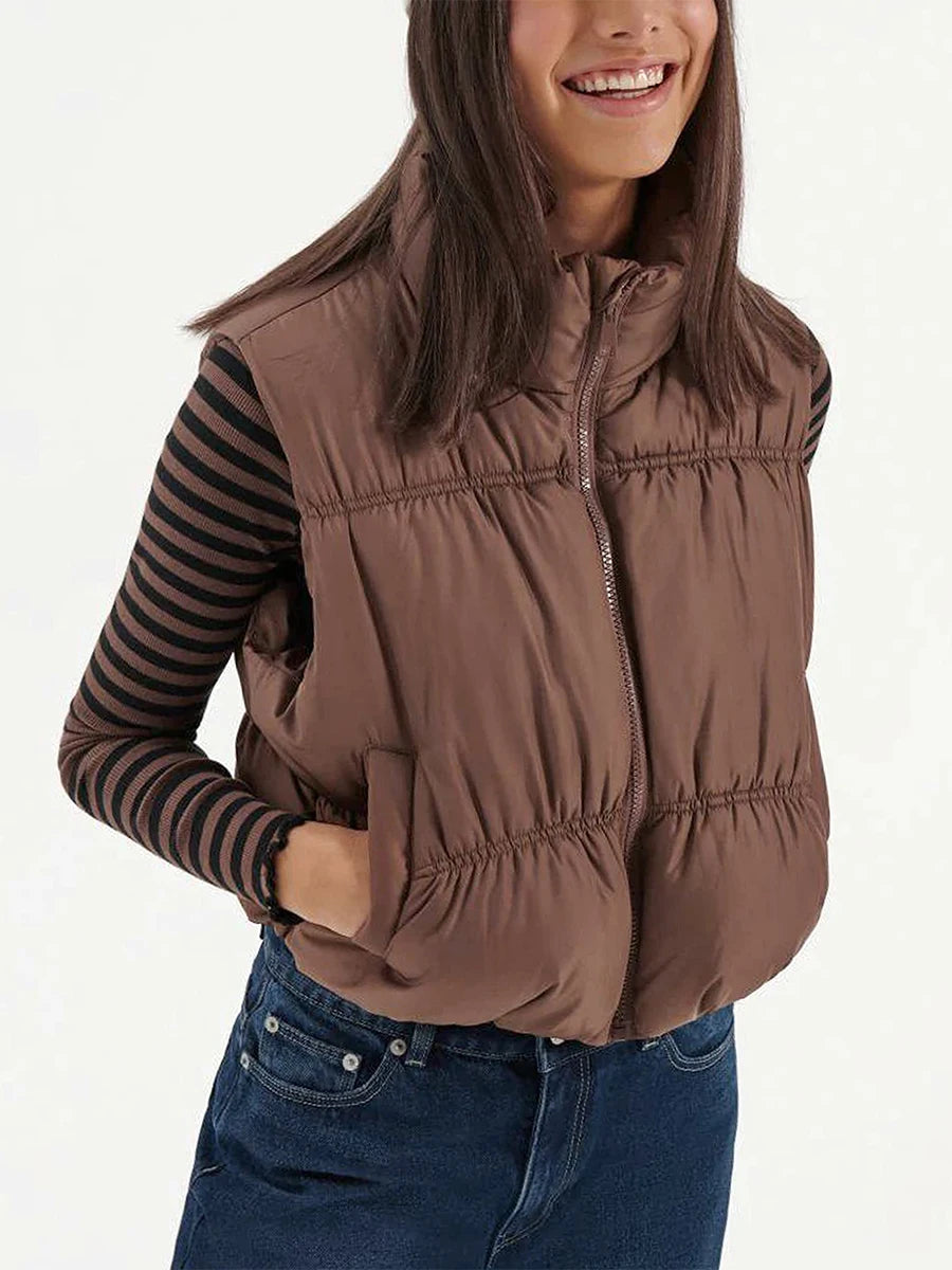 Women s Winter Quilted Waistcoat Solid Color Lightweight Zip Stand Collar Winter Vest Sleeveless Jacket