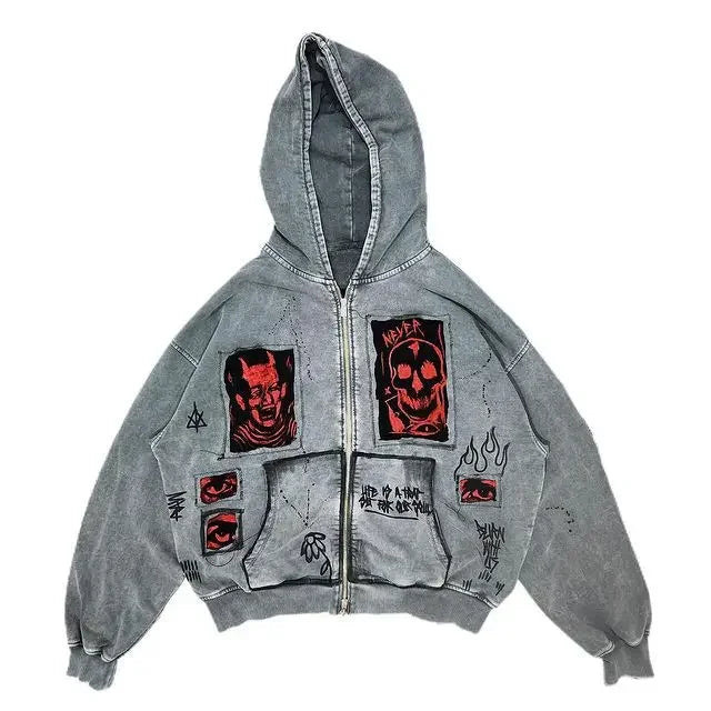 hoodiey2k Women's sweatshirtsHoodie Sweatshirt Men's Hip Hop Letter Vintage Skull Pattern Print Oversized Hoodie Jacket