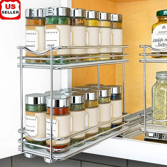 Pull Out Spice Rack Organizer Slide Out Drawer Kitchen Cabinets Heavy Duty Chrome Easy Mount Rust Resistant Storage Solution