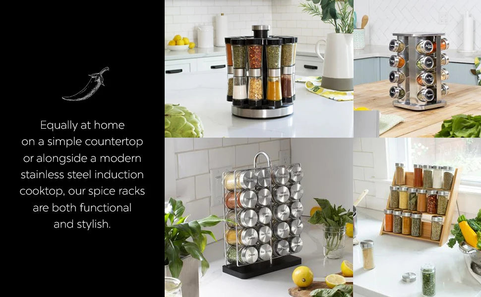 Jar Spice Rack with Spices Included - Revolving Tower Organizer for Kitchen Spices and Seasonings, (Stainless Steel)