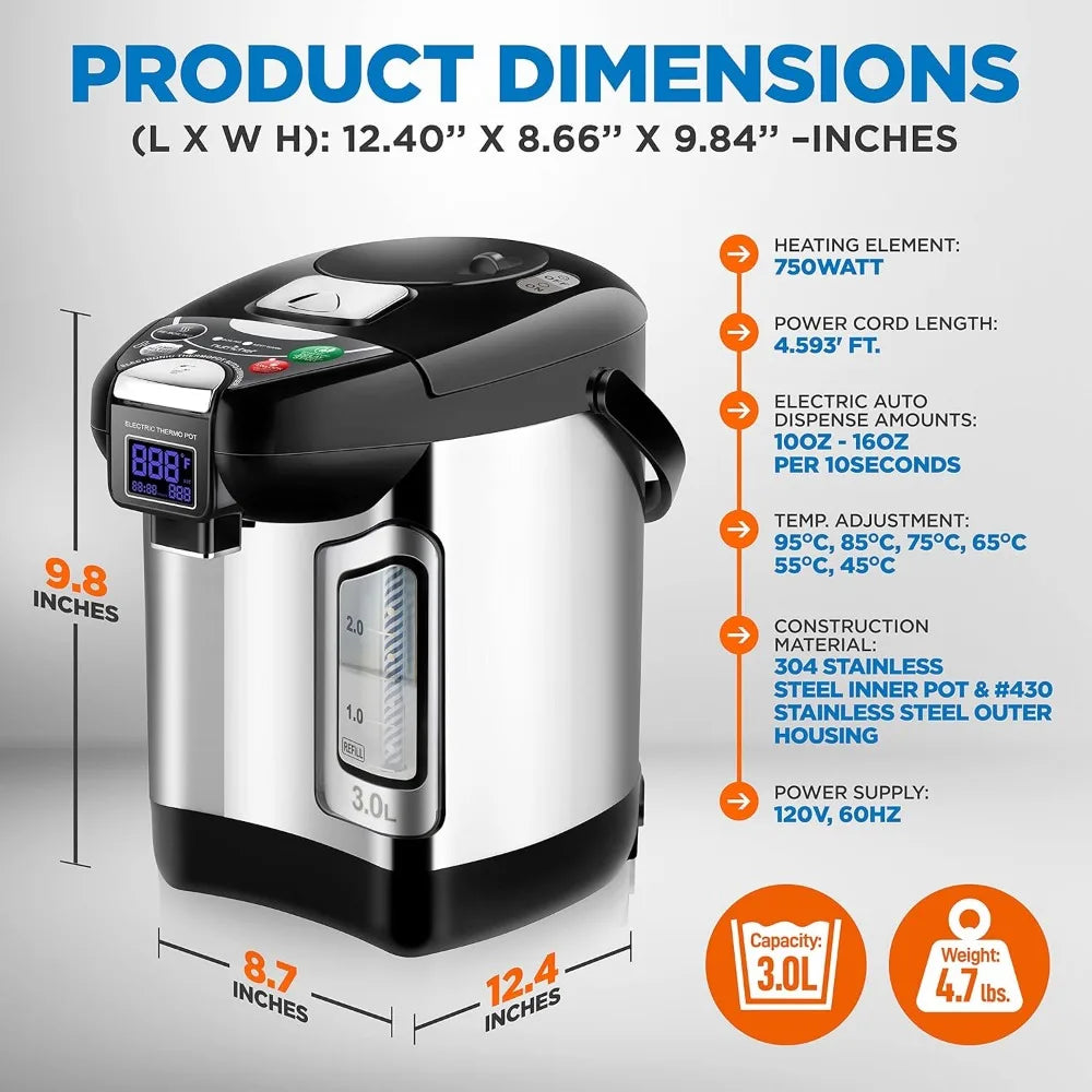 Digital Water Boiler and Warmer,Stainless Electric Hot Water Dispenser,LCD Display,Rotating Base,Keep Warm,Auto Shut Off