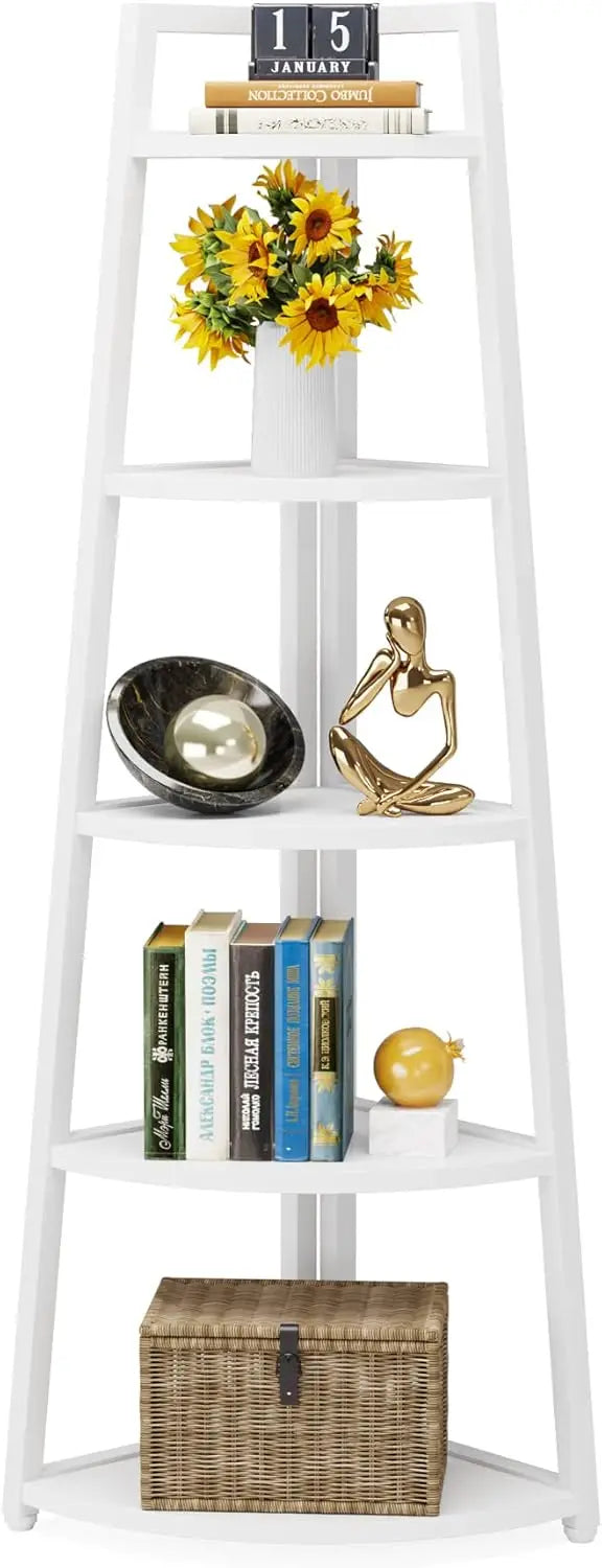 5 Tier Industrial Corner Bookshelf Bookcase Industrial Corner Ladder Shelf Plant Stand for Living Room, Kitchen, Home Office