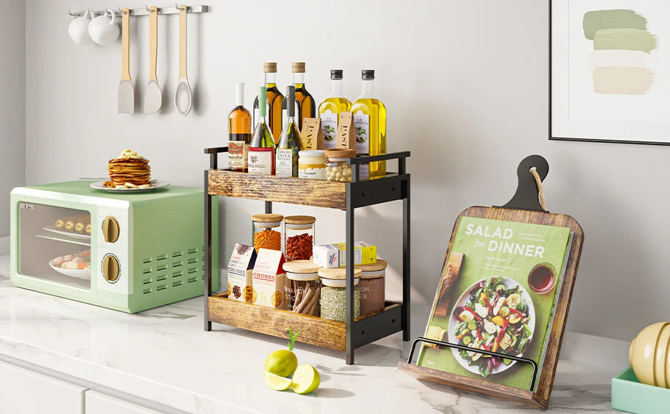 Countertop Coffee Station Organizer, 2 Tier Wooden Shelf for Coffee Bar Accessories, Condiment Storage Caddy for Kitchen