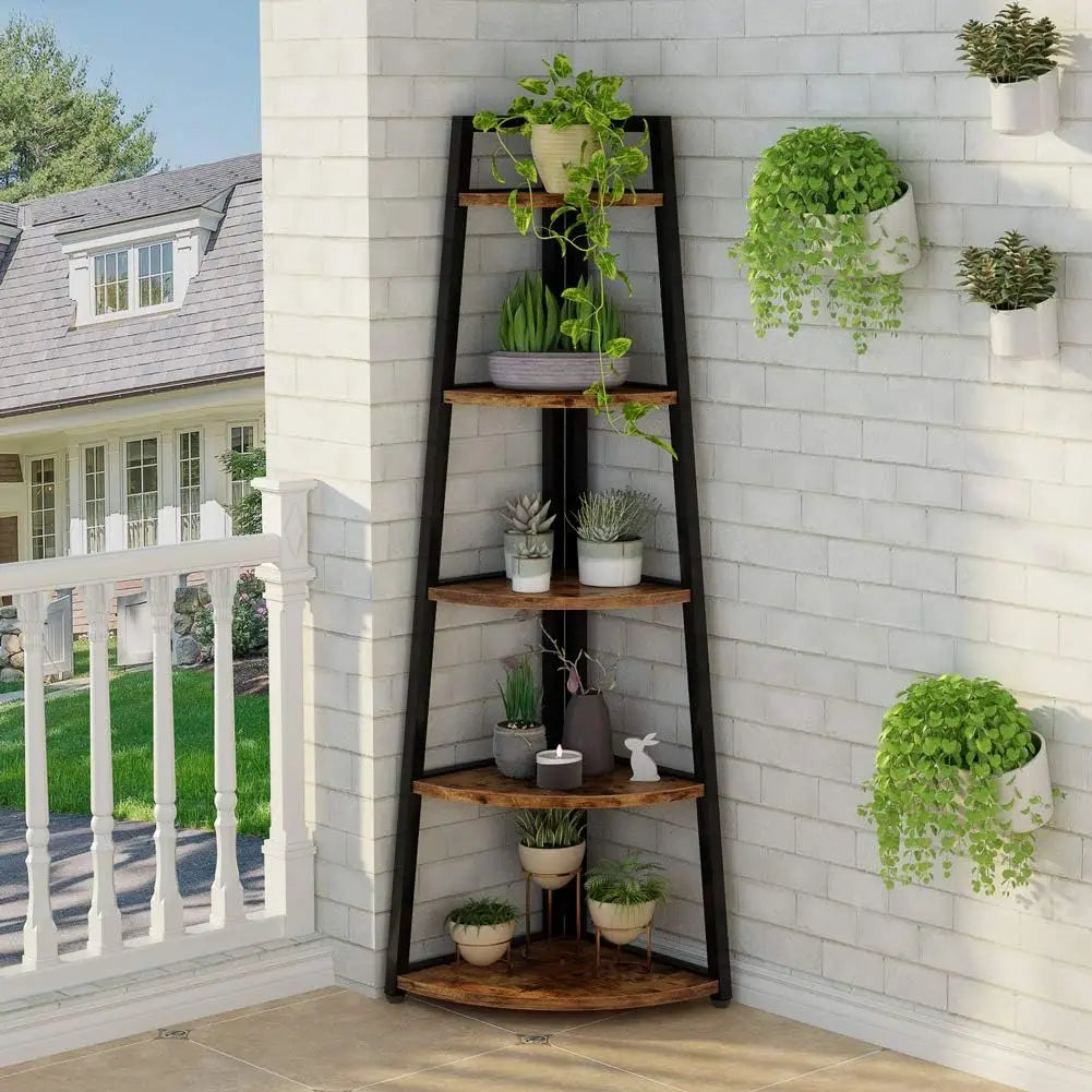 5 Tier Industrial Corner Bookshelf Bookcase Industrial Corner Ladder Shelf Plant Stand for Living Room, Kitchen, Home Office