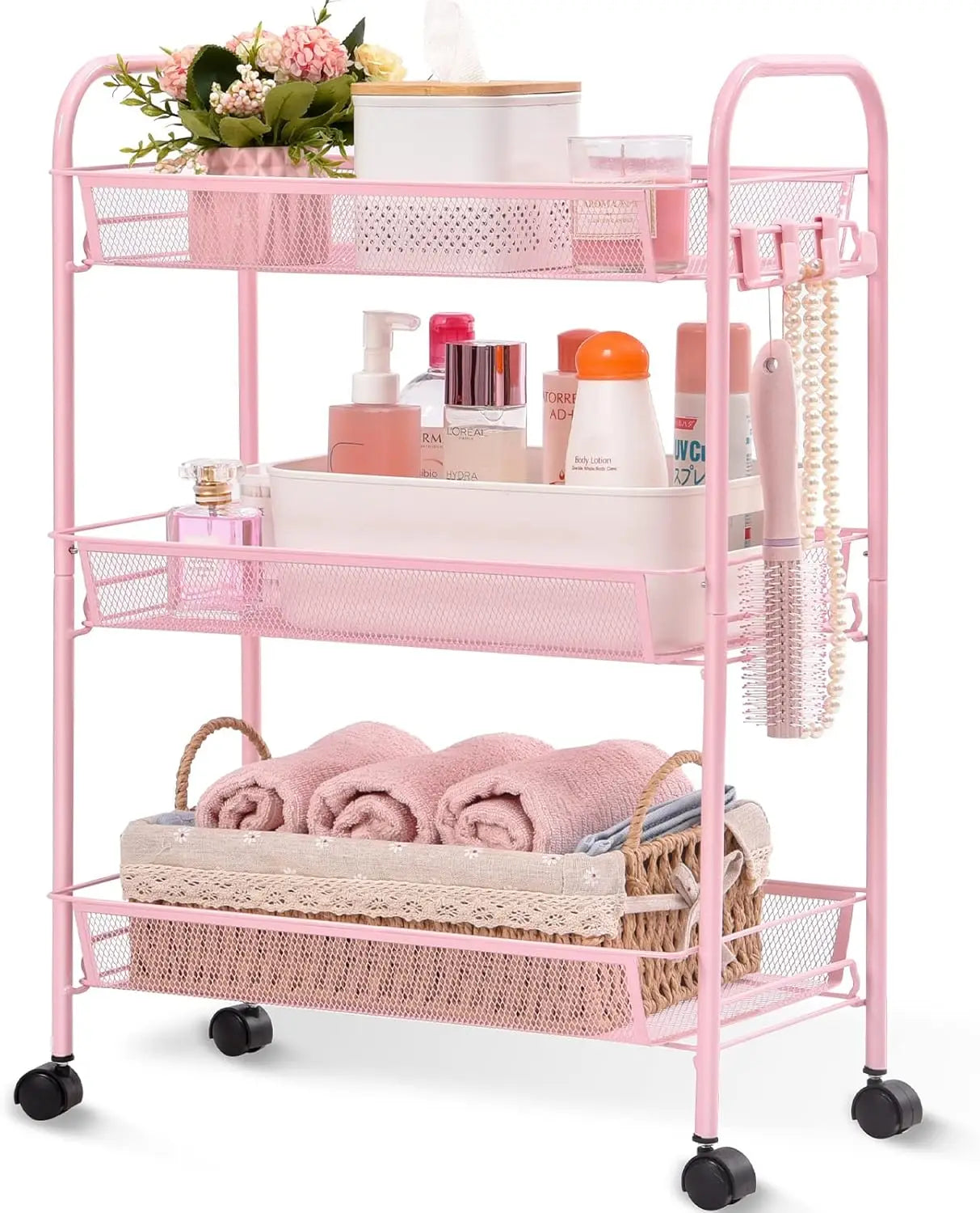 Rolling Cart, Metal Utility Cart with 3 Hooks, Easy Assemble Mobile Storage Trolley On Wheels, Metal Shelving Units Kitchen