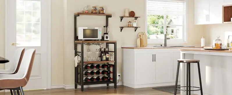 Small Kitchen Microwave Bakers Stand Wine Rack, Wine Rack,Coffee Bar Storage with Power Outlet for Liquor Thicken Shelf Room