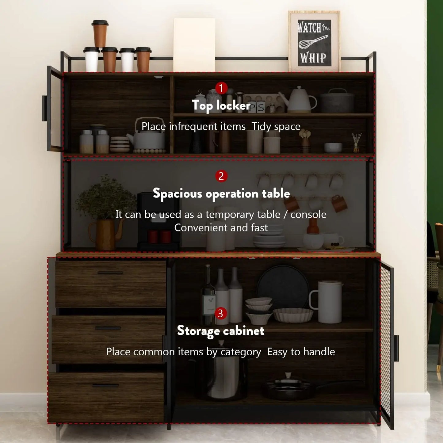 Modern Wood Sideboard Buffet Storage Cabinet with Hutch, 3 Metal Mesh Doors, 3 Drawers & Shelves, Kitchen Pantry