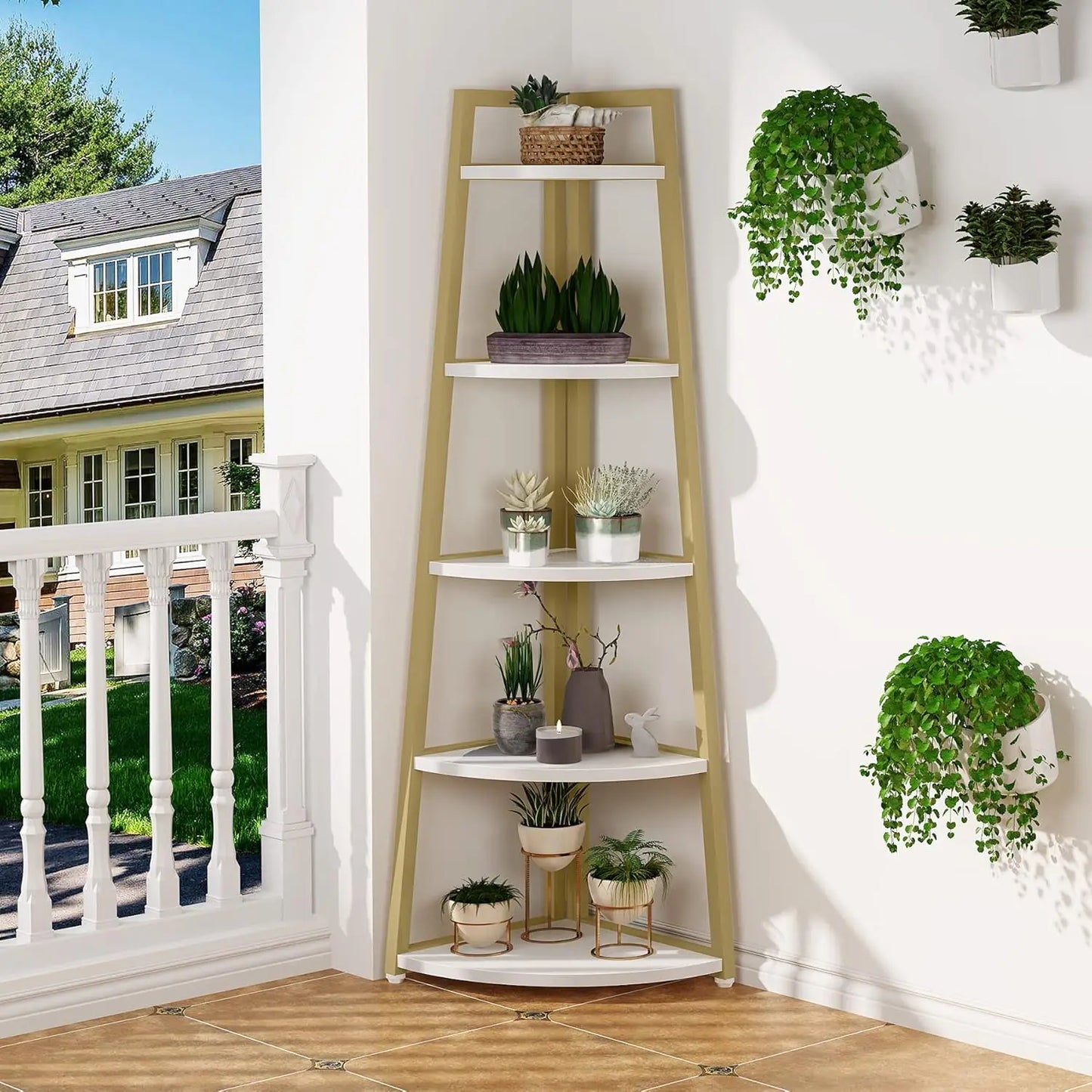 5 Tier Industrial Corner Bookshelf Bookcase Industrial Corner Ladder Shelf Plant Stand for Living Room, Kitchen, Home Office