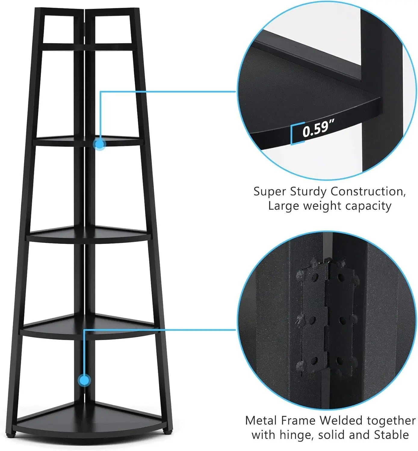 5 Tier Industrial Corner Bookshelf Bookcase Industrial Corner Ladder Shelf Plant Stand for Living Room, Kitchen, Home Office