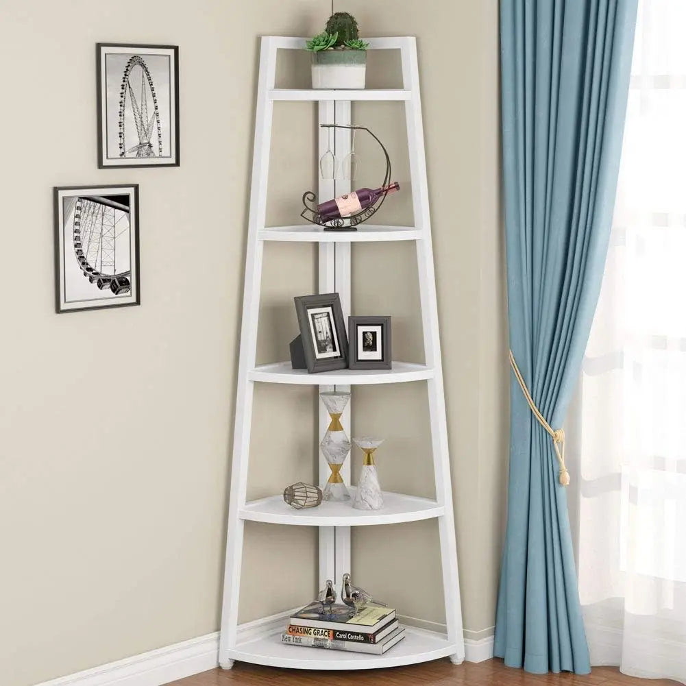 5 Tier Industrial Corner Bookshelf Bookcase Industrial Corner Ladder Shelf Plant Stand for Living Room, Kitchen, Home Office